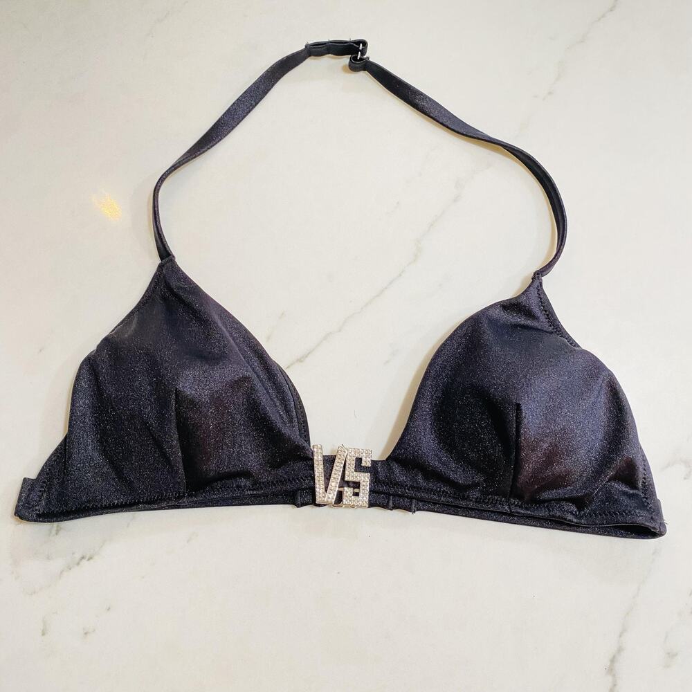 Victoria's Secret Bikini Top Womens Medium Black Triangle Halter Rhinestone VS
